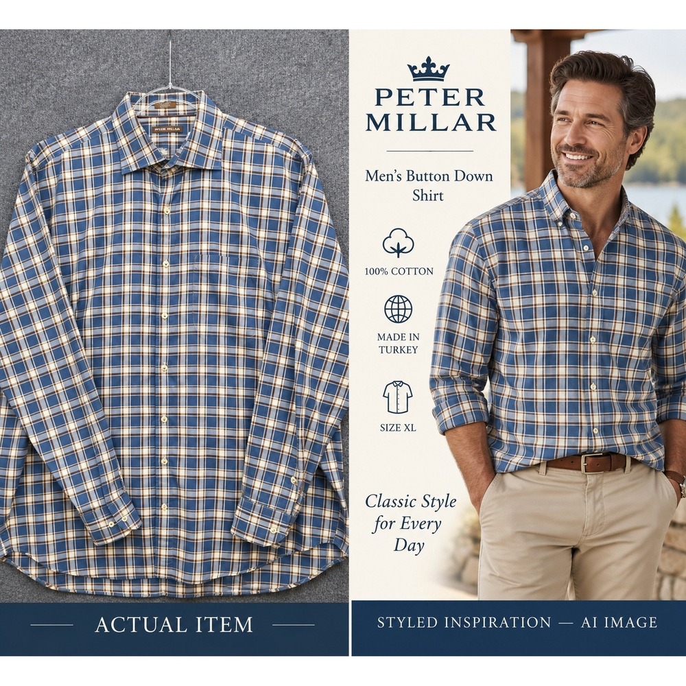 Peter Millar Button Down Mens Plaid Long Sleeve Blue XL Good Preppy